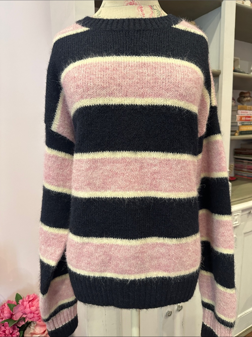 Edikted Pink, Black & Cream Striped Fuzzy Crew Sweater